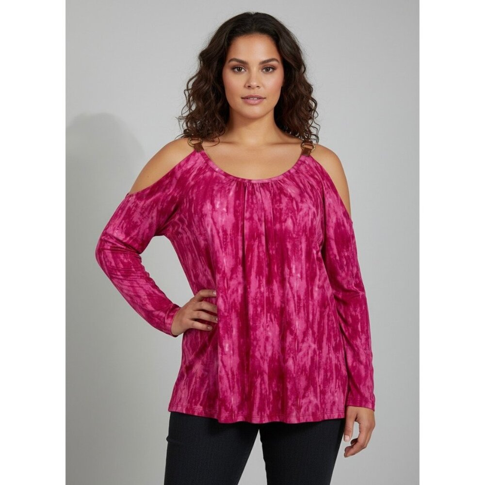 Michael Kors Pink Tie Dye Cold Shoulder Top | Vegan Leather Straps Mob Wife Glam